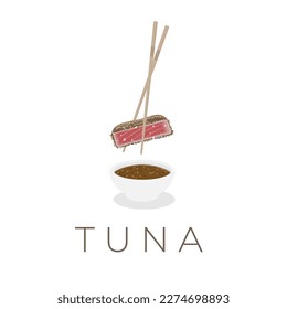 Vector Illustration Logo of Tuna Tataki Ahi Tuna or Tuna Meat Covered in Sesame and Dipped in a Sauce