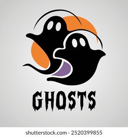 A vector illustration and logo of two black ghosts silhouettes with vibrant orange and purple accents doing a scaring pose, perfect for eerie Halloween designs, decorations, or themed events.