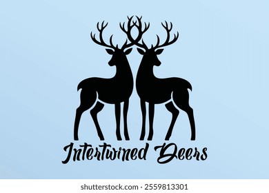 A vector illustration and logo of two intertwined deer silhouettes in black, set against a blue background, perfect for wildlife designs, elegant themes, nature-inspired projects, and Christmas.