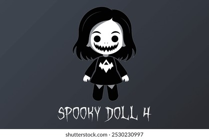 A vector illustration and logo of a very spooky doll with sharp teeth and pale skin, smiling in an eerie way, wearing a ghost shirt perfect for Halloween costume designs ideas and horror themes.