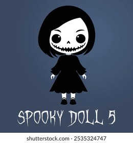 A vector illustration and logo of a very spooky doll with sharp teeth and pale skin, smiling in an eerie way, wearing a black dress perfect for Halloween costume designs ideas and horror themes.