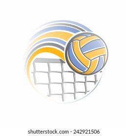 Vector illustration of the logo for volleyball club, consisting of flying on a trajectory volleyball ball, accurately thrown over the net; volley in target hit 