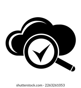 Vector illustration, logo, web icon. Cloud, magnifying glasses and checkmarks. Isolated on a white background.