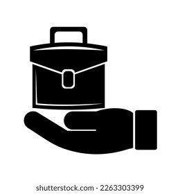 Vector illustration, logo, web icon of briefcase, bags and hand. Business proposal. Isolated on a white background.
