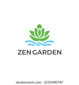 Un logotipo de la Ilustración vectorial un icono minimalista de la flor del loto del jardín del zen de la marca del bienestar con la onda del agua