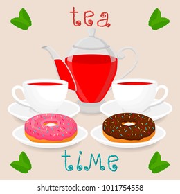 Vector illustration logo for white ceramic cup, glass teapot, teacup on saucer, donut. Teacup pattern of tea brewed in porcelain cups, transparent teapot, donuts. Drink teas in teacups from teapots.