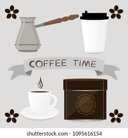 Vector illustration logo for white ceramic cup of hot coffee on saucer, Turkish pot cezve with handle. Cezve pattern consisting of grain beverage brewed in porcelain cups. Pot of coffee from cezves.