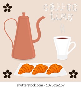 Vector illustration logo for white ceramic cup of hot coffee, croissant on saucer. Croissant pattern consisting of grain coffee brewed in porcelain cups for sweet food. Cup coffee with croissants.