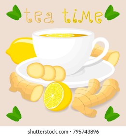 Vector illustration logo for white ceramic cup tea, sliced citrus yellow lemon, chopped round ginger on saucer. Ginger pattern of glass teacup brewed in porcelain cups. Drink gingers teas from saucers