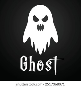 A vector illustration and logo of a white ghost with small, scary teeth set on a black background. Perfect for spooky designs, Halloween themes, and eerie visuals.