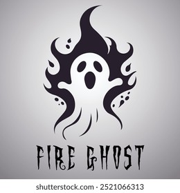 Eine Vektorgrafik und ein Logo eines weißen Geistes, der in dunklen Flammen verstrickt ist und unheimliche und feurige Elemente verbindet, perfekt für Halloween, gruselige und unheimliche Designs oder gespenstisches Branding.