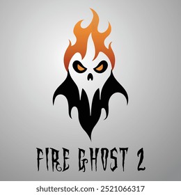 A vector illustration and logo of a white ghost featuring red and orange flames atop its head, resembling hair, with dark, flame-like accent, perfect for spooky Halloween designs.