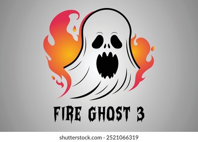 Ilustração vetorial e logotipo de um fantasma branco rodeado por uma aura de chama vermelha e laranja ou carmesim, combinando elementos assustadores e fogosos, ideais para Halloween e desenhos temáticos misteriosos.