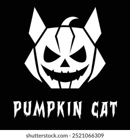 A vector illustration and logo of a white Jack o' Lantern with sharp teeth and cat ears, set against a black background, perfect for Halloween designs that blend spooky and playful elements.