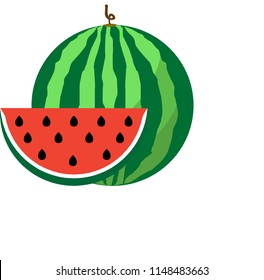 Vector illustration logo for whole ripe red fruit watermelon, green stem, cut half, sliced slice berry with red flesh. Watermelon pattern from natural sweet food. Eat tasty tropical fruits watermelons