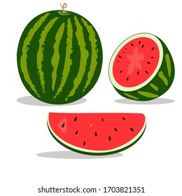 Vector illustration logo for whole ripe red fruit watermelon, green stem, cut half, sliced slice berry with red flesh. Graphic Watermelon symbols sweet food.  Tropical watermelons on white background
