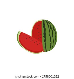 Vector illustration logo for whole ripe red fruit watermelon, green stem, cut half, sliced slice berry with red flesh. Watermelon pattern from natural sweet food.