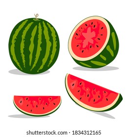 Vector illustration logo for whole ripe red fruit watermelon, green stem, cut half, sliced slice berry with red flesh. Graphic Watermelon symbols sweet food.  Tropical watermelons on white background