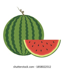 Vector illustration of logo for whole ripe red fruit, green stem, cut in half with red meat. watermelon from natural sweet foods.