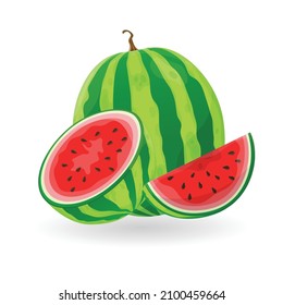 Vector illustration logo for whole ripe red fruit watermelon, green stem, cut half, sliced slice berry with red flesh. Watermelon pattern from natural sweet food. Eat tasty tropical fruits watermelons