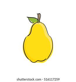 Vector illustration of logo for whole ripe fruit yellow pear. Natural product isolated on white background. Juice,fresh,sweet food,healthy,leaf. Yellow hand drawn pear