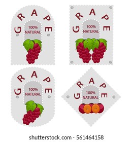 Vector illustration logo for whole ripe fruit red grape,with green stem leaf,cut sliced.Grape drawing pattern consisting of tag label bow mark,peel fruits,pip ripe sweet food.Eat fresh grapes health.