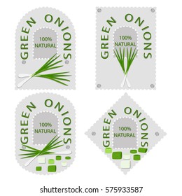 Vector illustration logo for whole ripe vegetable bitter onion,with green stem,cut sliced,close-up background.Onion drawing pattern consisting of tag label bow,bittersweet taste food.Eat fresh onions.