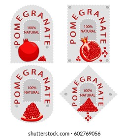 Vector illustration logo for whole ripe fruit red pomegranate,cut half sliced garnet,background.Pomegranate drawing consisting of tag label,natural sweet food.Eat fresh raw organic fruits pomegranates