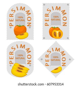 Vector illustration logo for whole ripe yellow fruit persimmon,green stem leaf,cut half,sliced kaki,background.Persimmon pattern consisting of natural sweet food.Eat fresh tropical fruits persimmons.