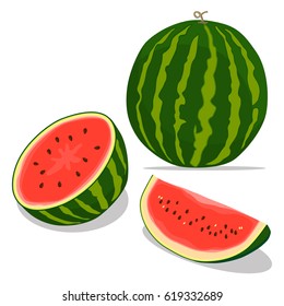 Vector illustration logo for whole ripe red fruit watermelon, green stem, cut half, sliced slice berry with red flesh. Watermelon pattern from natural sweet food. Eat tasty tropical fruits watermelons