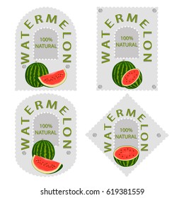 Vector illustration logo for whole ripe red fruit watermelon, green stem, cut half, sliced slice berry with red flesh. Watermelon pattern from natural sweet food. Eat tasty tropical fruits watermelons