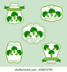 Vector illustration logo for whole ripe vegetables broccoli,with green stem leaf,cut sliced,close-up background.Broccoli drawing pattern consisting of tag label bow,peel ripe food.Eat fresh broccolis.