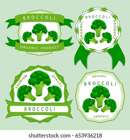Vector illustration logo for whole ripe vegetables broccoli with green stem leaf, cut sliced, closeup background. Broccoli drawing pattern consisting of tag label, peel ripe food. Eat fresh broccolis.