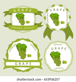 Vector illustration logo for whole ripe fruit green grape,with green stem leaf,cut sliced.Grape drawing pattern consisting of tag label bow mark,peel fruits,pip ripe sweet food.Eat fresh grapes health