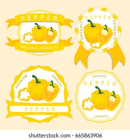 Vector illustration logo whole ripe vegetables pepper green stem leaf, cut sliced on background. Pepper pattern consisting of tag label fruits, pip ripe sweet food. Eat fresh Bulgarian pepper.