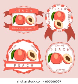 Vector illustration logo whole ripe red fruit peach, green stem leaf, cut sliced background. Peach pattern consisting of tag label, peel fruits, pip ripe sweet food. Eat fresh peaches on health.