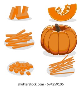 Vector illustration logo whole ripe vegetable yellow pumpkin. Pumpkin pattern consisting of tag label, seed sweet food, half fruit, slice vegetables on background. Eat fresh pumpkins for Halloween.
