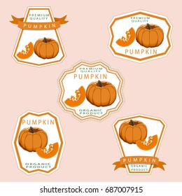 Vector illustration logo whole ripe vegetable yellow pumpkin. Pumpkin pattern consisting of tag label, seed sweet food, half fruit, slice vegetables on background. Eat fresh pumpkins for Halloween.