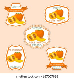 Vector illustration logo for whole ripe yellow fruit persimmon,green stem leaf,cut half,sliced kaki,background.Persimmon pattern consisting of natural sweet food.Eat fresh tropical fruits persimmons.