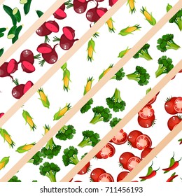 vector illustration logo for whole ripe vegetables red beet, broccoli, tomato, pepper or paprika, cucumber and corn cut sliced, product label or grocery store, shop and farm market design.