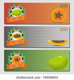 Vector illustration logo whole ripe fruit papaya, green stem leaf, cut sliced on background. Papaya pattern consisting of tag label, natural sweet food. Eat fresh raw organic fruits, exotic papayas.