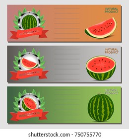 Vector illustration logo for whole ripe red fruit watermelon, green stem, cut half, sliced slice berry with red flesh. Watermelon pattern from natural sweet food melon. Eat tropical fruits watermelons