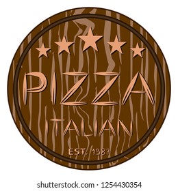 Vector illustration logo for whole round hot pizza, slice triangle from pizzeria menu. Pizza on wood board, ingredients for pizzeria to chalkboard, food in box. Tasty Italian pizza from pizzeria.