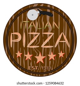 Vector illustration logo for whole round hot pizza, slice triangle from pizzeria menu. Pizza on wood board, ingredients for pizzeria to chalkboard, food in box. Tasty Italian pizza from pizzeria.
