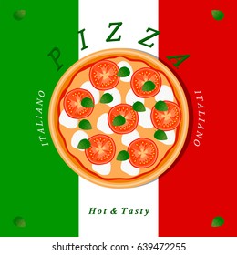 Vector illustration logo for whole round hot pizza, slice triangle from pizzeria menu. Pizza on wood board, ingredients for pizzeria to chalkboard, food in box. Tasty Italian pizza from pizzeria.