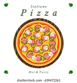 Vector illustration logo for whole round hot pizza, slice triangle from pizzeria menu. Pizza on wood board, ingredients for pizzeria to chalkboard, food in box. Tasty Italian pizza from pizzeria.