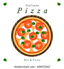 Vector illustration logo for whole round hot pizza, slice triangle from pizzeria menu. Pizza on wood board, ingredients for pizzeria to chalkboard, food in box. Tasty Italian pizza from pizzeria.