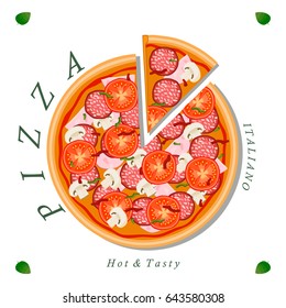 Vector illustration logo for whole round hot pizza, slice triangle from pizzeria menu. Pizza on wood board, ingredients for pizzeria to chalkboard, food in box. Tasty Italian pizza from pizzeria.