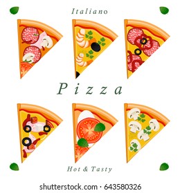 Vector illustration logo for whole round hot pizza, slice triangle from pizzeria menu. Pizza on wood board, ingredients for pizzeria to chalkboard, food in box. Tasty Italian pizza from pizzeria.