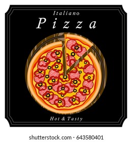 Vector illustration logo for whole round hot pizza, slice triangle from pizzeria menu. Pizza on wood board, ingredients for pizzeria to chalkboard, food in box. Tasty Italian pizza from pizzeria.